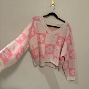 Pink Lily Pink and White Floral Check V-Neck Sweater